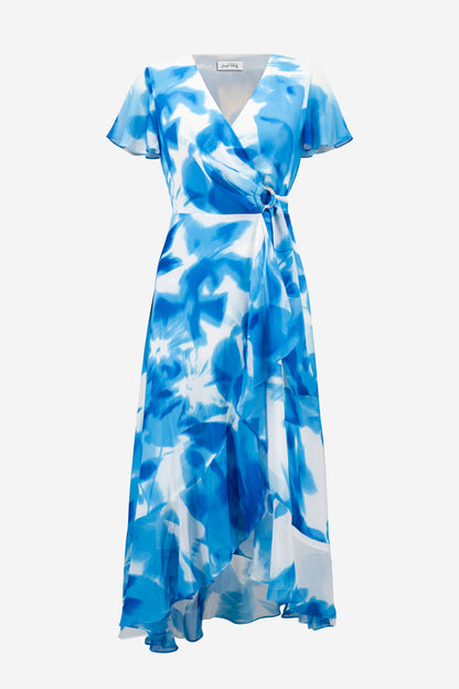 Joseph Ribkoff Ruffle Detail Wrap Dress Vanilla/Blue