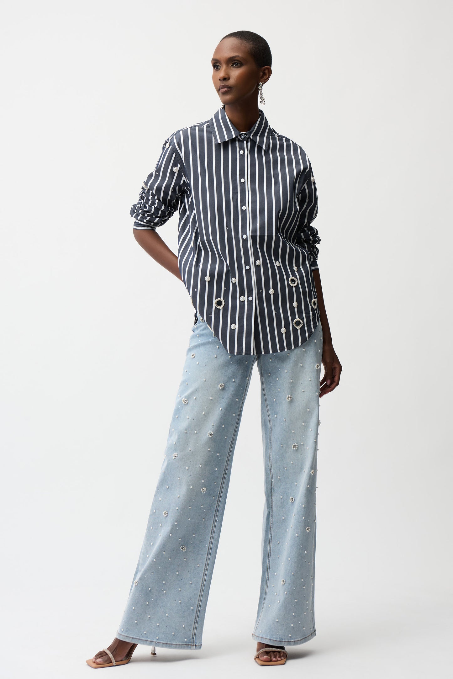 Joseph Ribkoff Rhinestone Stripe Boxy Blouse Midnight Blue/Vanilla