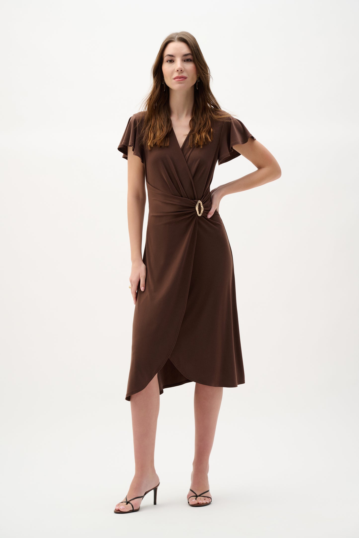 Joseph Ribkoff Ruffle Sleeve Wrap Dress  Mahogany