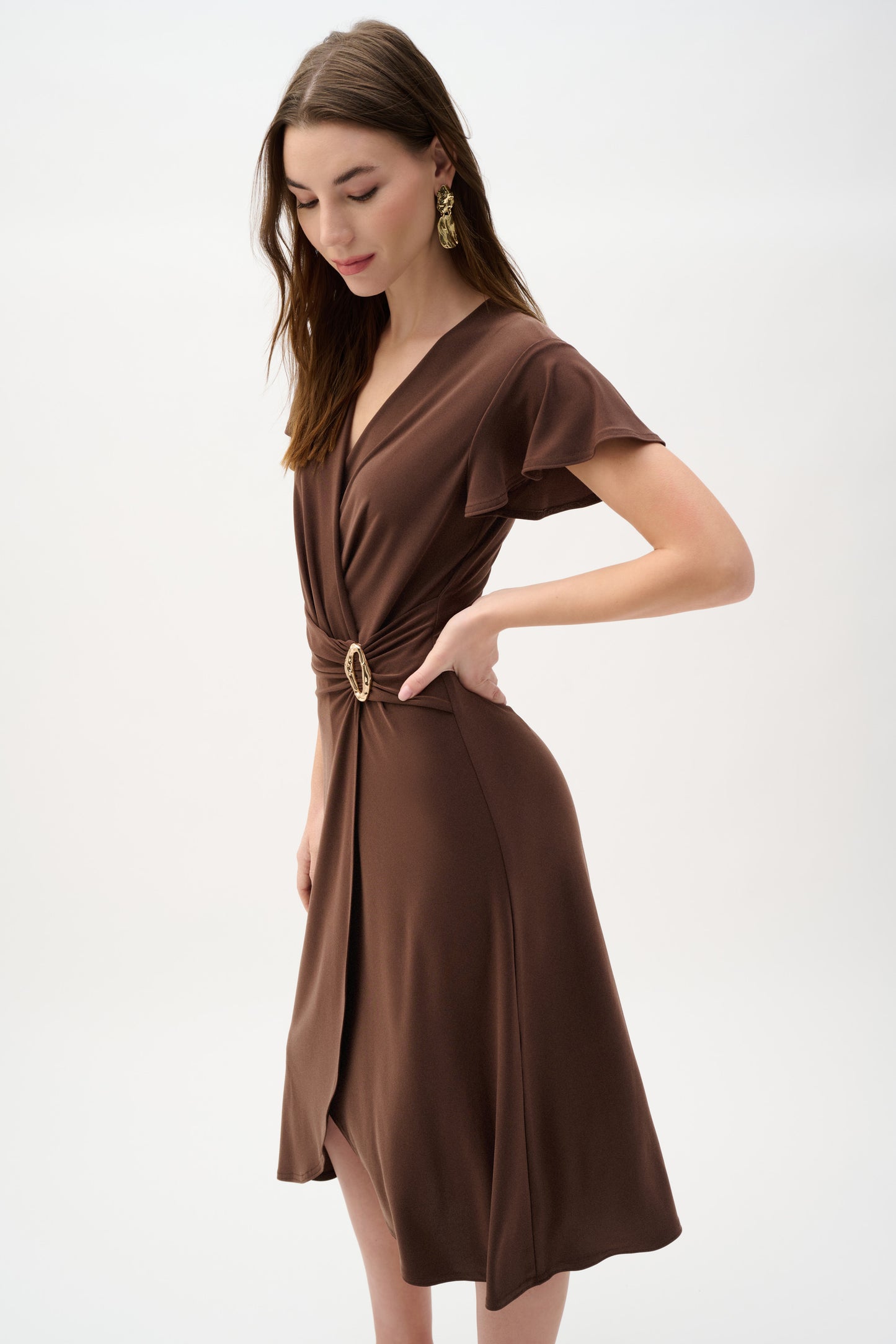 Joseph Ribkoff Ruffle Sleeve Wrap Dress  Mahogany