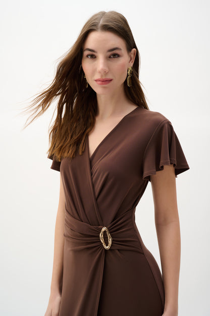 Joseph Ribkoff Ruffle Sleeve Wrap Dress  Mahogany