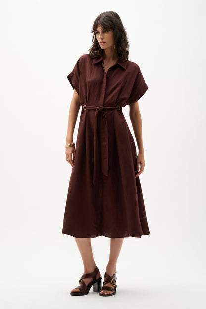Joseph Ribkoff Linen Blend Shirt Dress With Sash Mahogany