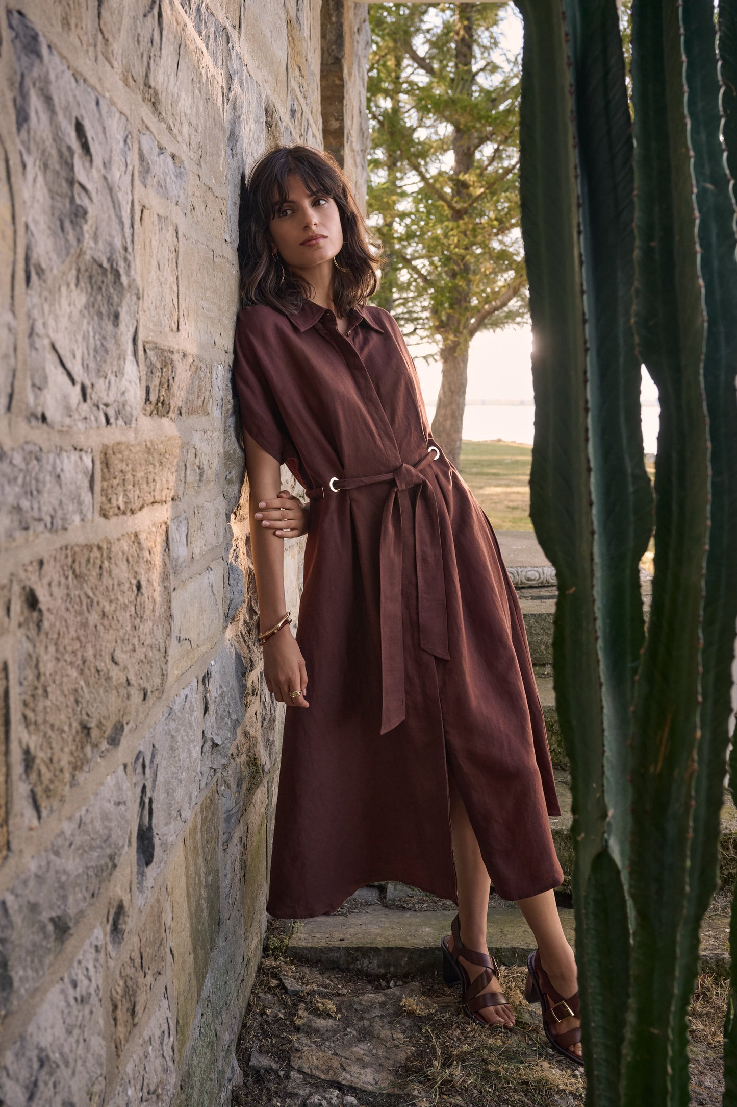 Joseph Ribkoff Linen Blend Shirt Dress With Sash Mahogany