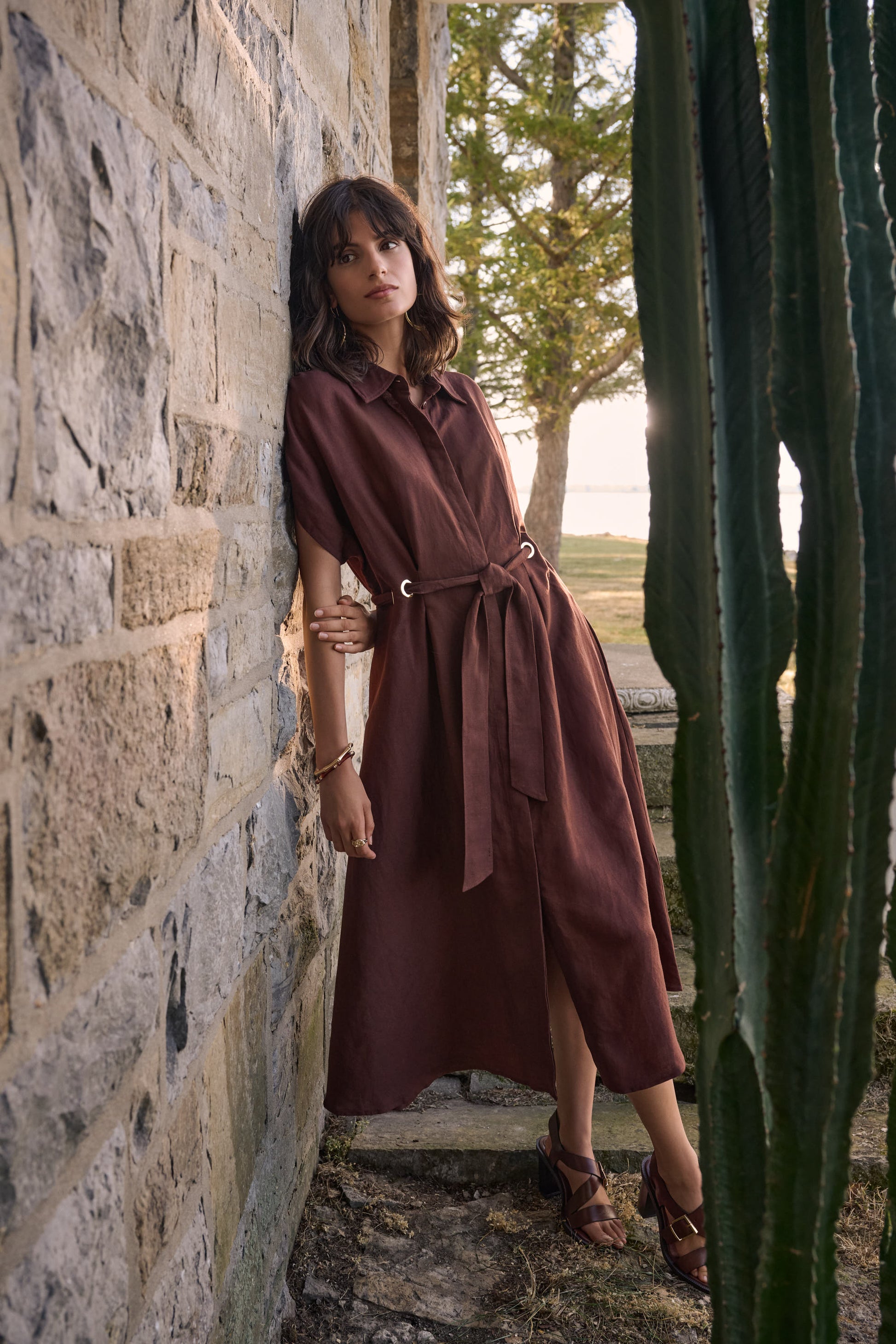 Joseph Ribkoff Linen Blend Shirt Dress With Sash Mahogany