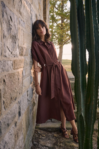 Joseph Ribkoff Linen Blend Shirt Dress With Sash Mahogany