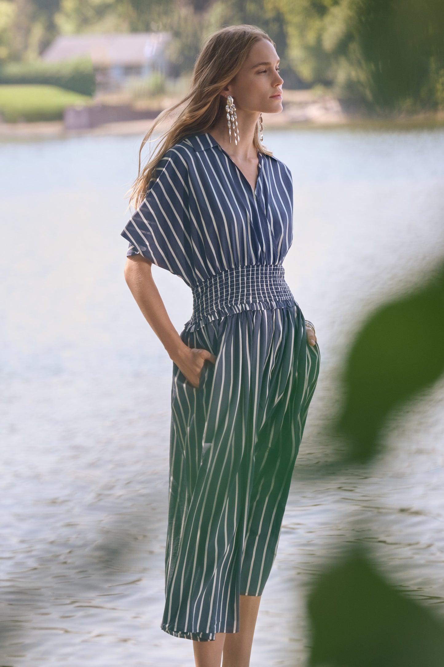 Joseph Ribkoff Poplin Stripe Dress Blue/White
