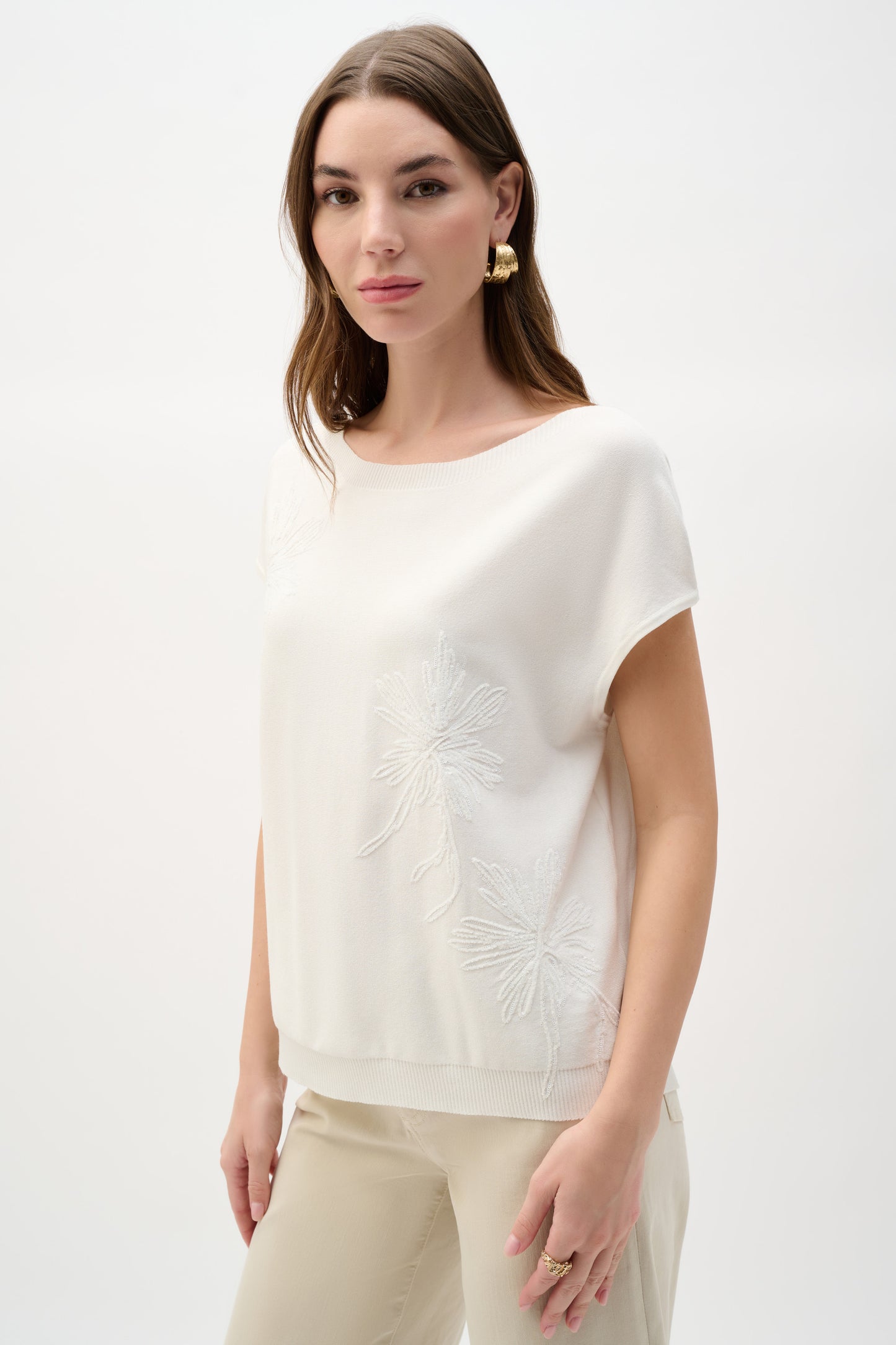 Joseph Ribkoff Embroidered Flowers Knit Top Vanilla