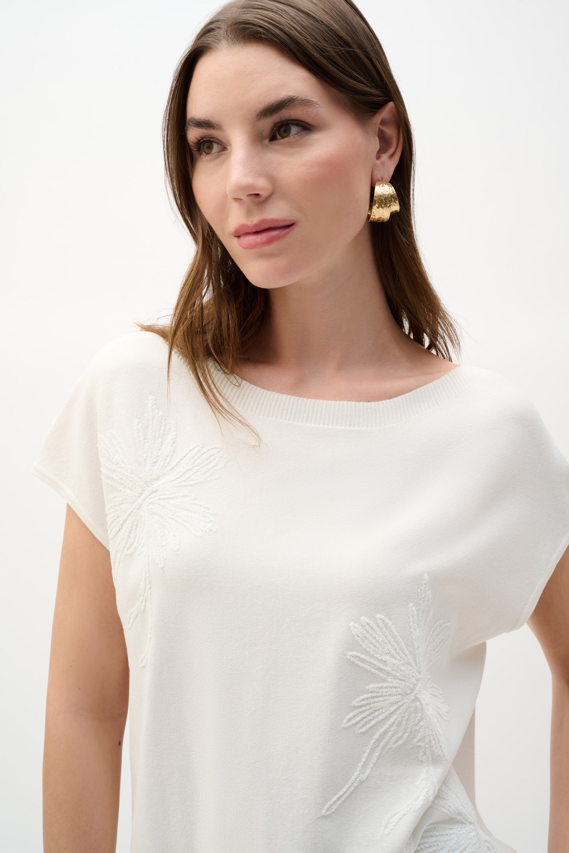 Joseph Ribkoff Embroidered Flowers Knit Top Vanilla