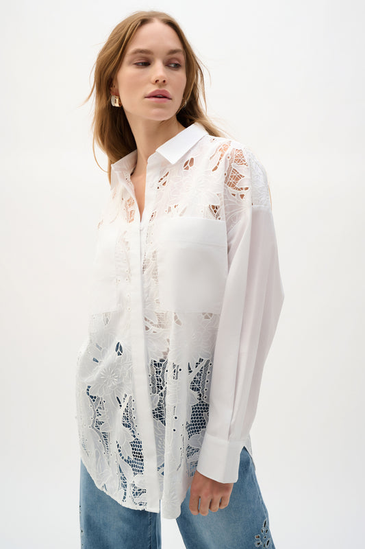 Joseph Ribkoff Boxy Blouse- Lace Embroidery White