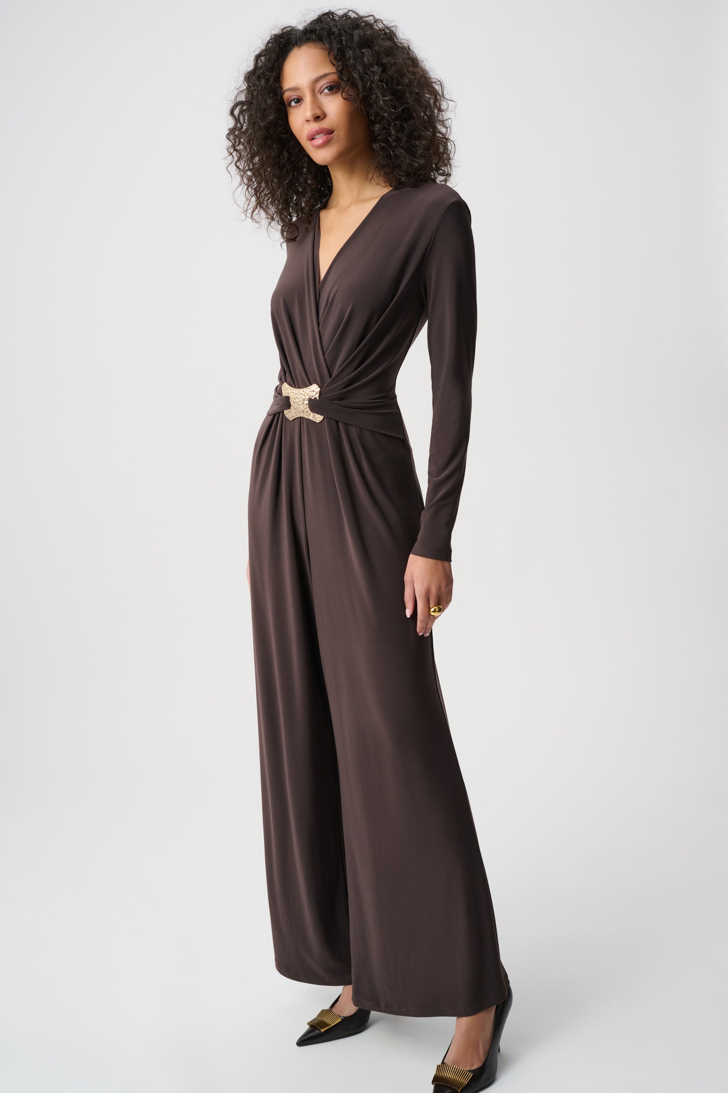 Joseph Ribkoff Wide-Leg Wrap Jumpsuit Mocha