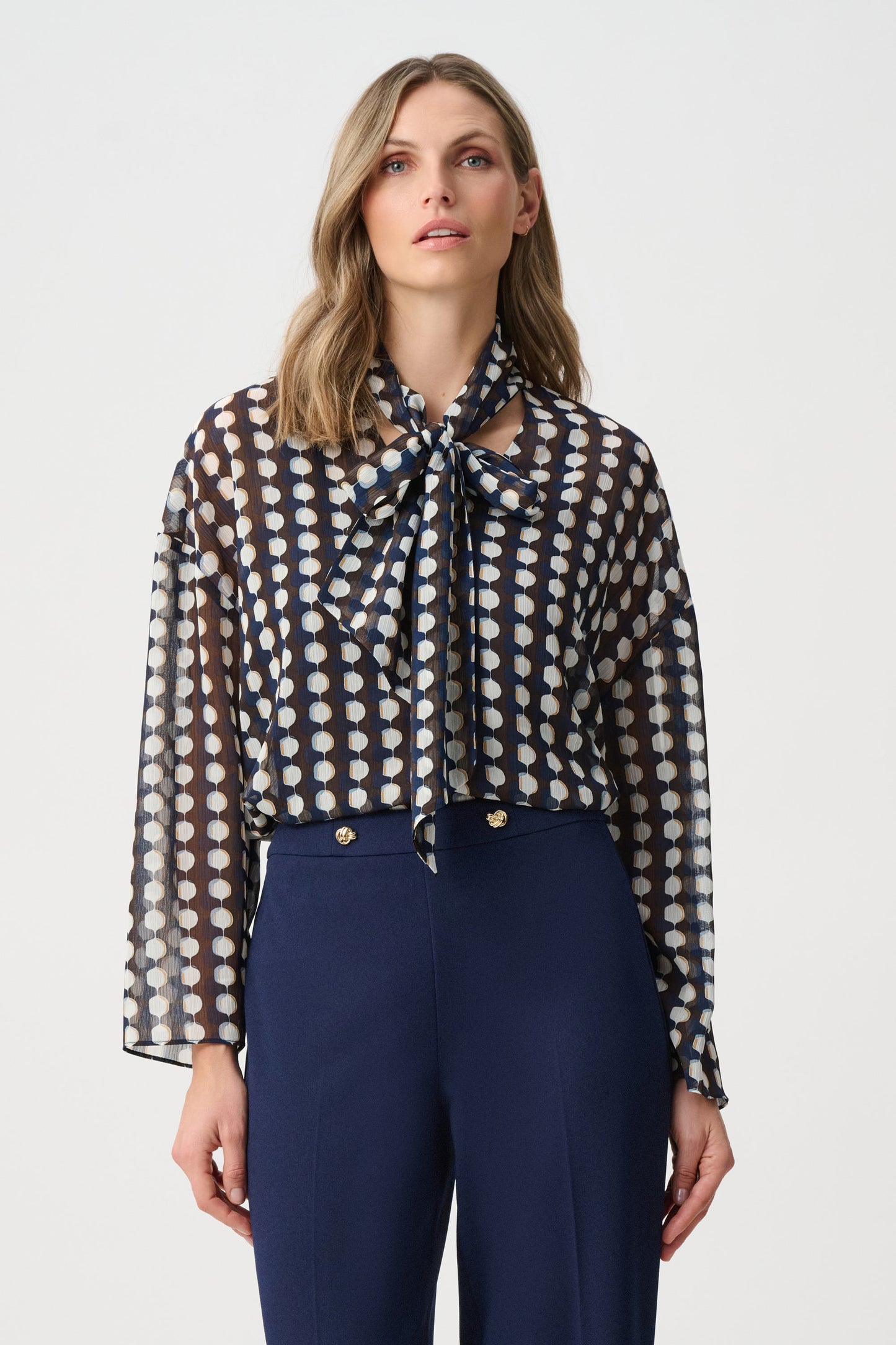 Joseph Ribkoff Chiffon Tie-Neck Blouse Brown/Multi