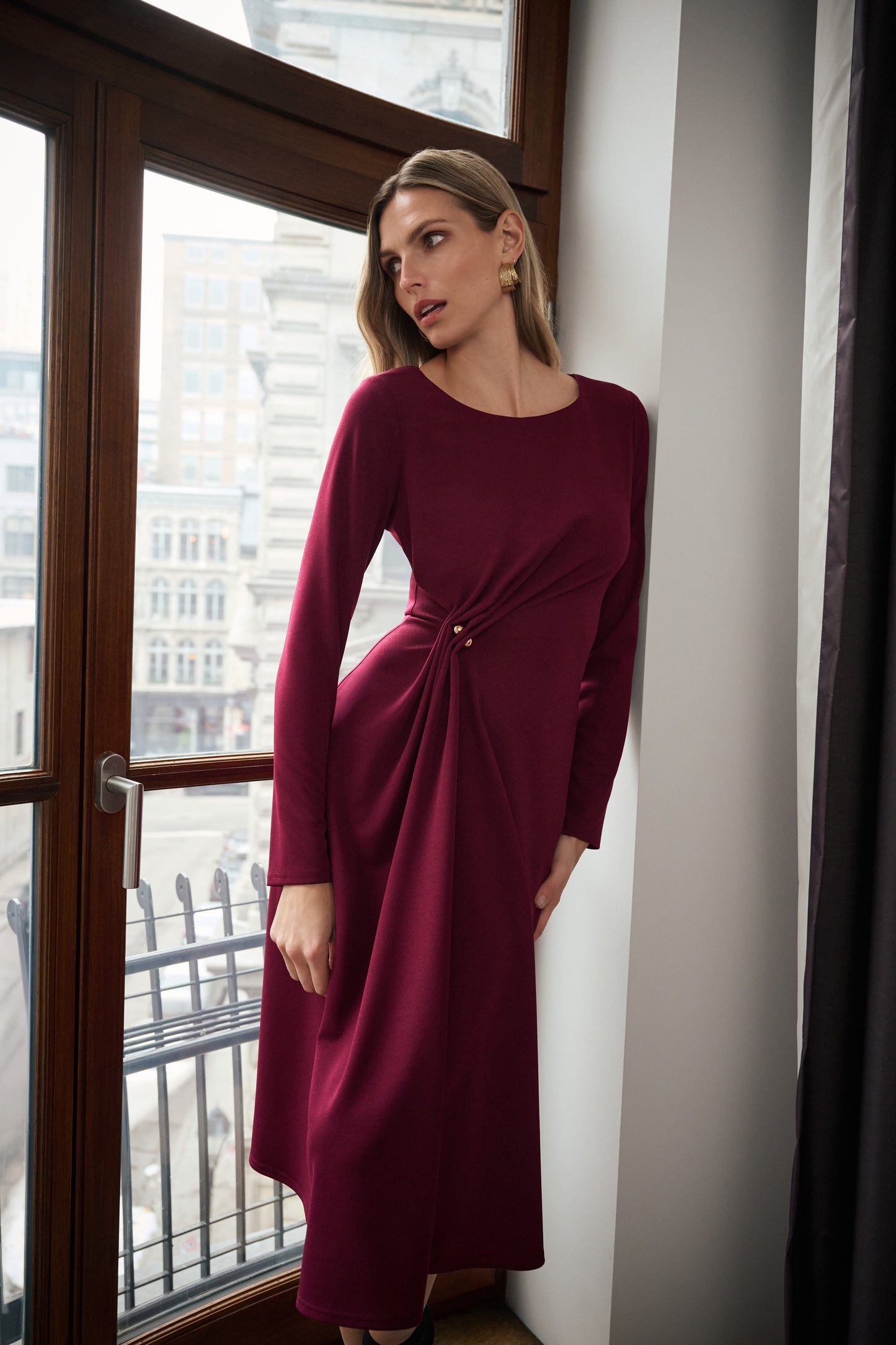 Joseph Ribkoff Crepe Draped Front Dress Elderberry