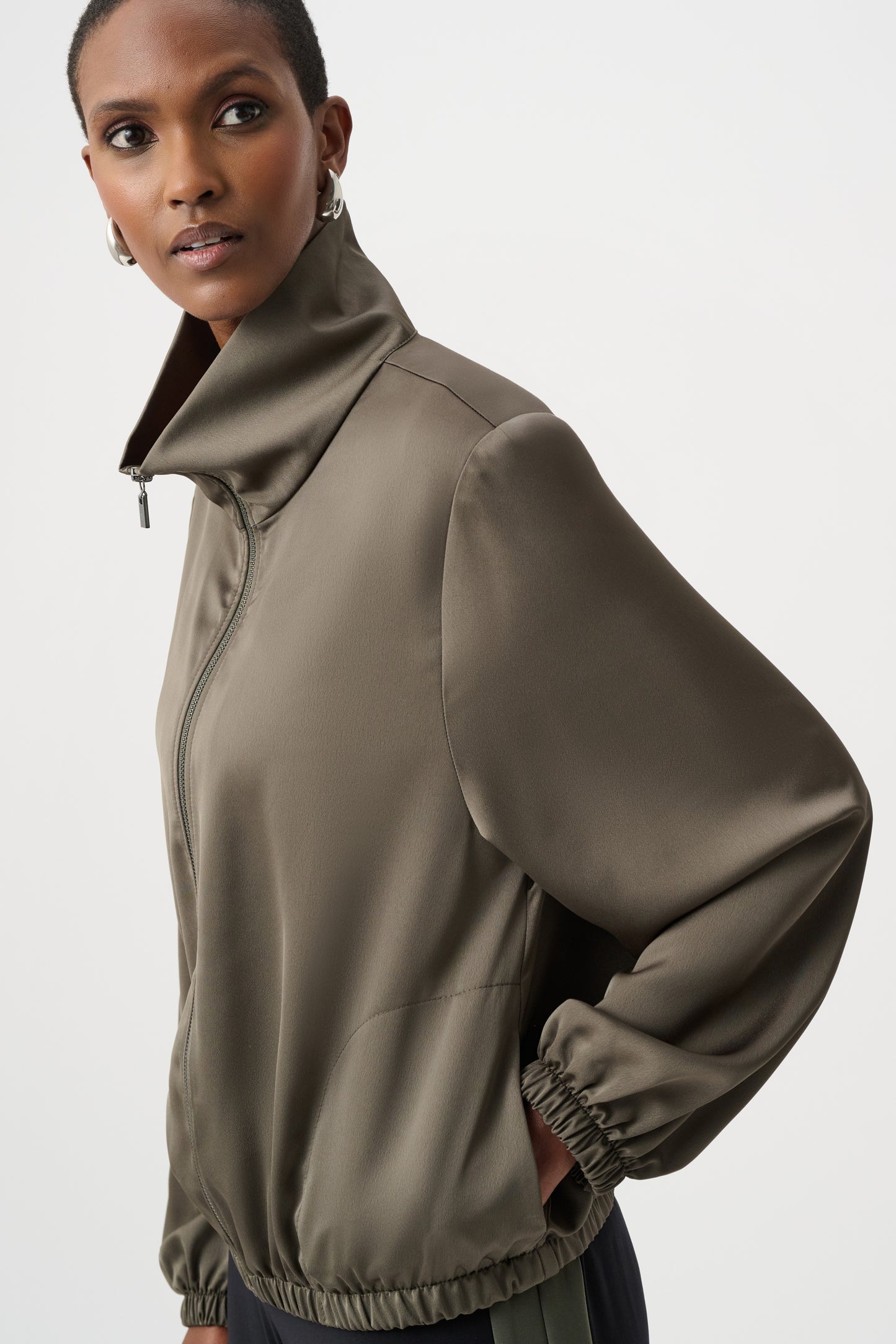 Joseph Ribkoff Satin Bomber Jacket Avocado