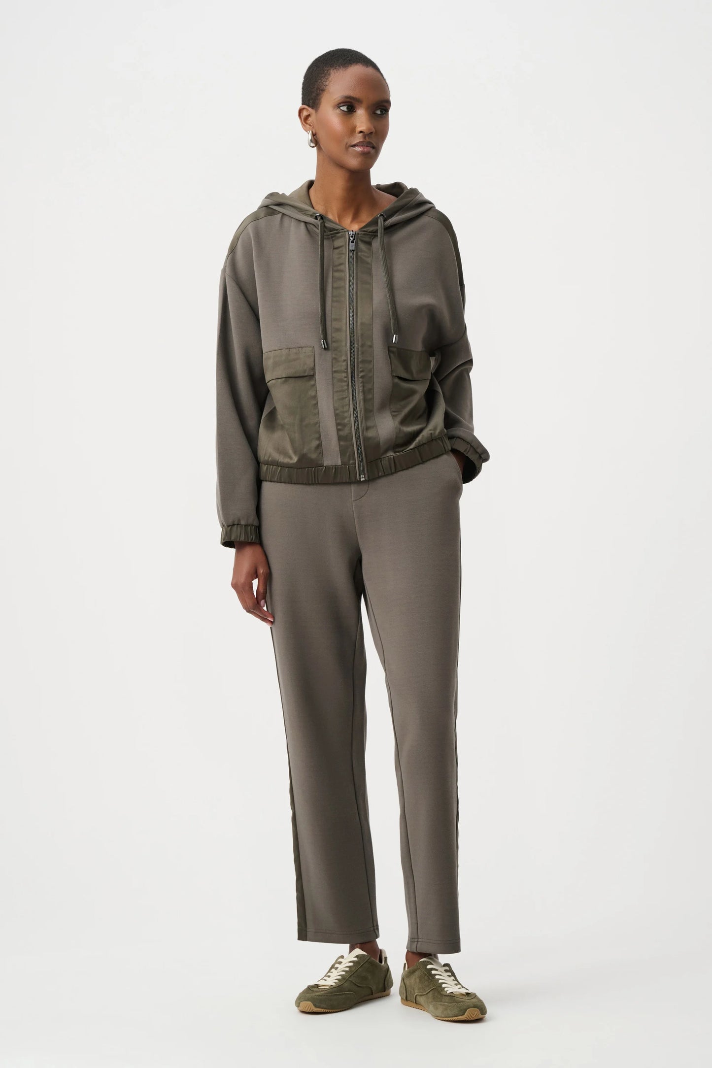 Joseph Ribkoff Jersey And Satin Hooded Jacket-Avocado