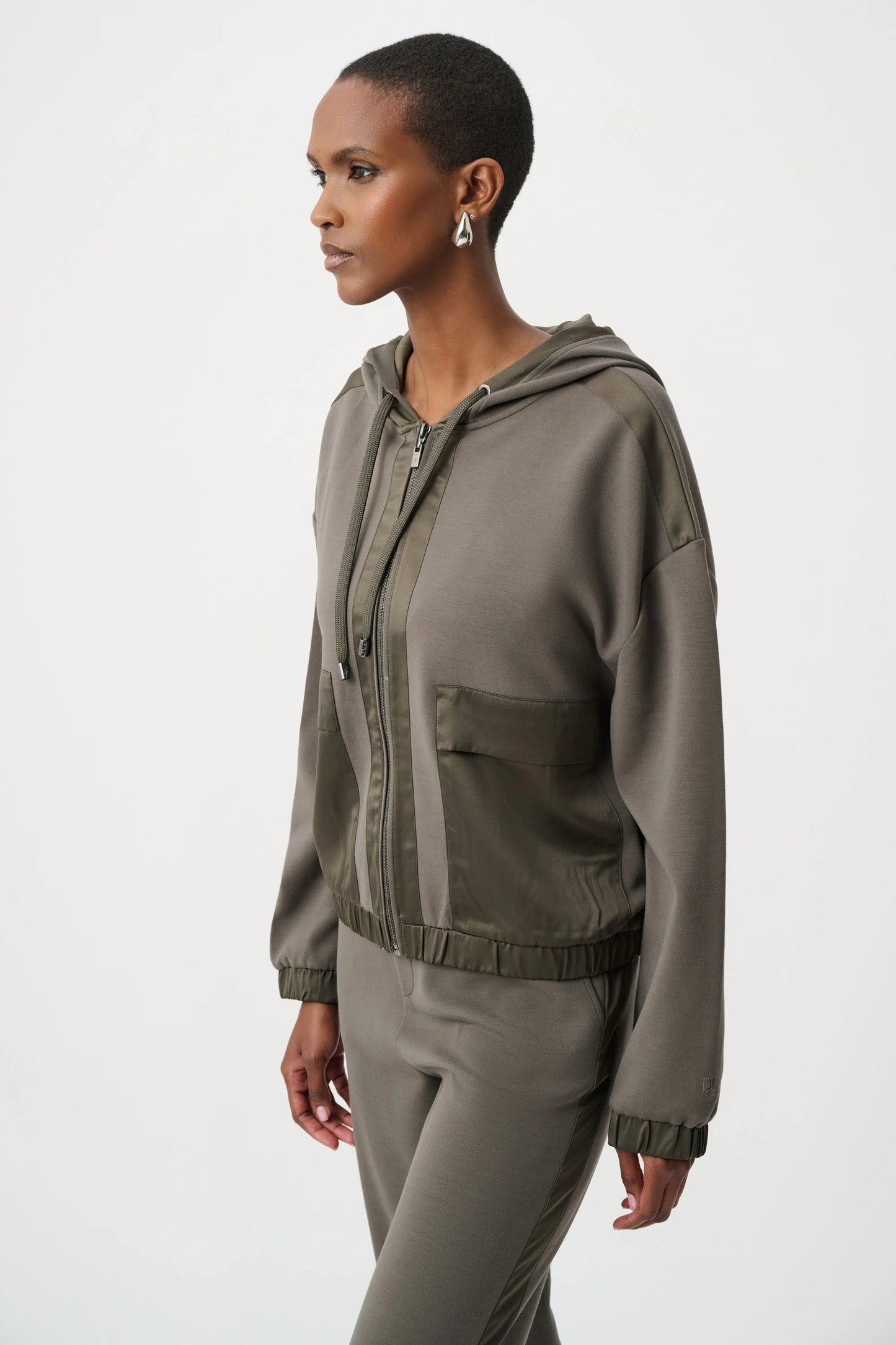 Joseph Ribkoff Jersey And Satin Hooded Jacket-Avocado
