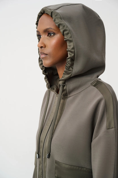 Joseph Ribkoff Jersey And Satin Hooded Jacket-Avocado