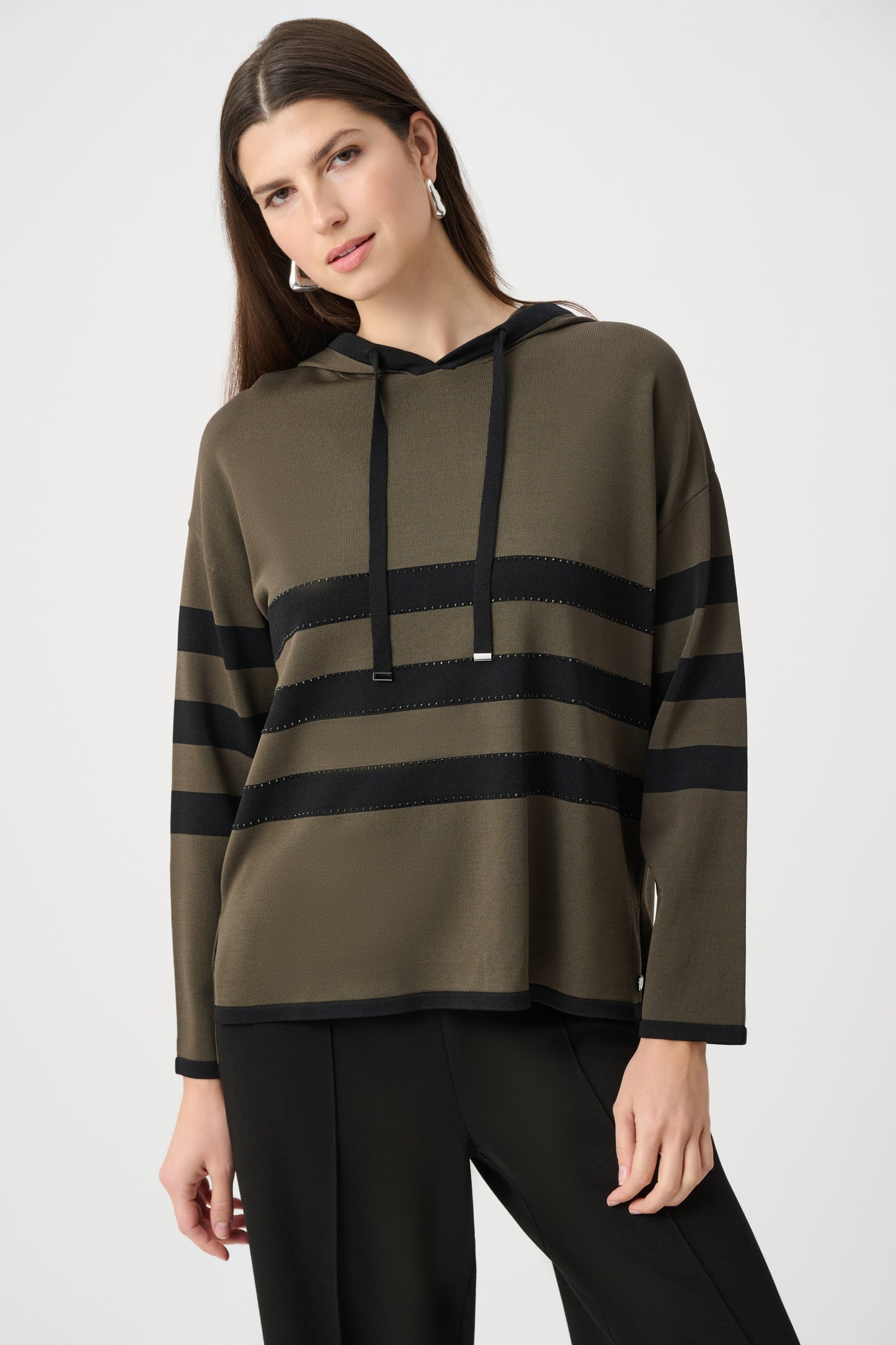 Joseph Ribkoff Striped Hooded Sweater-Avocado/Black
