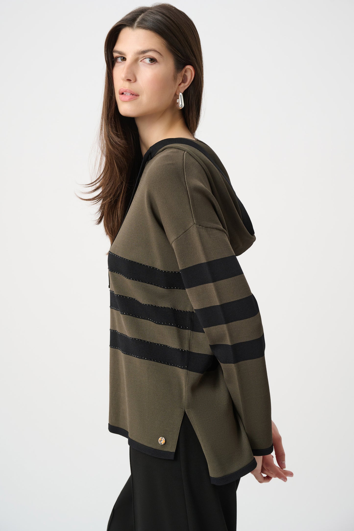 Joseph Ribkoff Striped Hooded Sweater-Avocado/Black