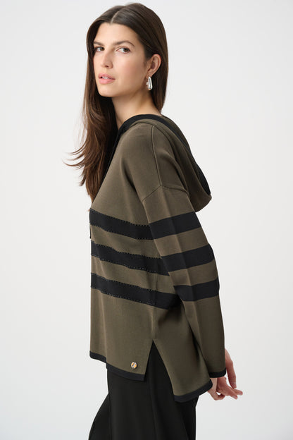 Joseph Ribkoff Striped Hooded Sweater-Avocado/Black