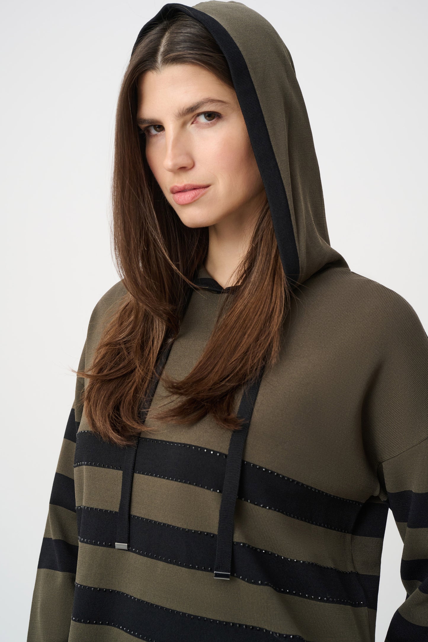Joseph Ribkoff Striped Hooded Sweater-Avocado/Black