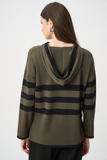 Joseph Ribkoff Striped Hooded Sweater-Avocado/Black