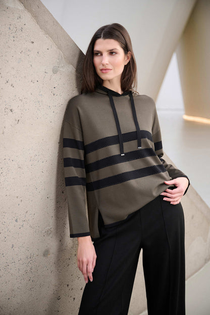 Joseph Ribkoff Striped Hooded Sweater-Avocado/Black