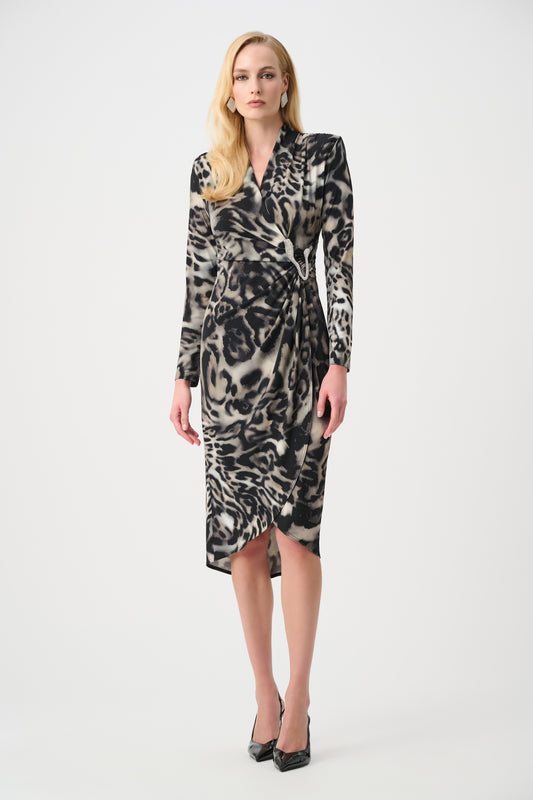 Joseph Ribkoff Animal Print Wrap Dress Grey/Multi