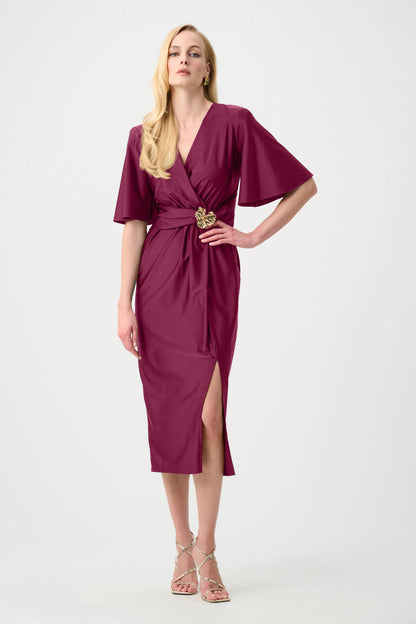 Joseph Ribkoff Wrap Ruched Waist Dress-Berry Burst