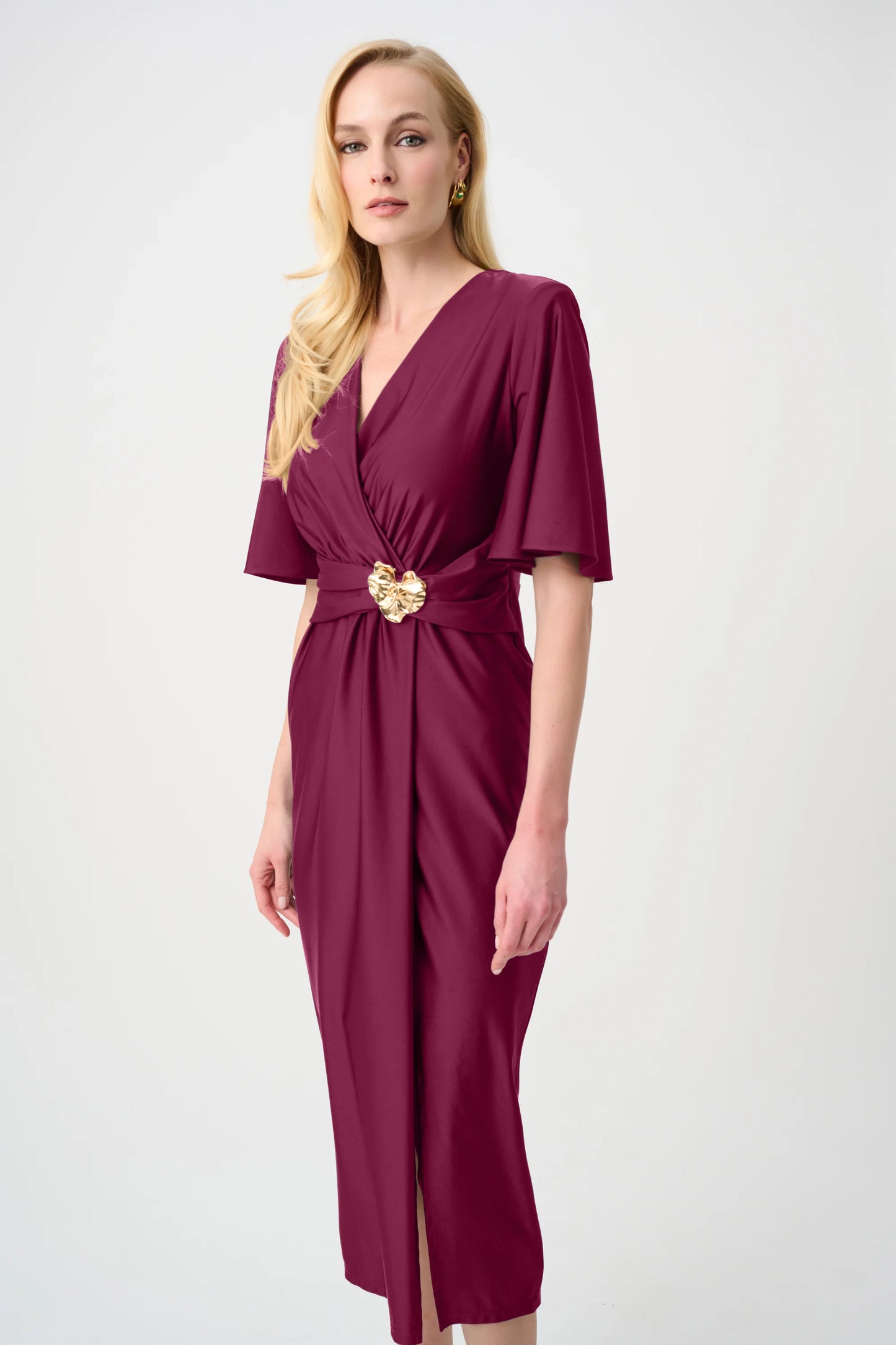 Joseph Ribkoff Wrap Ruched Waist Dress-Berry Burst