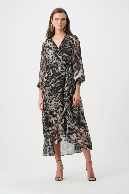 Joseph Ribkoff Printed Wrap Dress- Grey/Multi