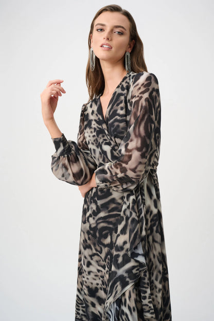 Joseph Ribkoff Printed Wrap Dress- Grey/Multi