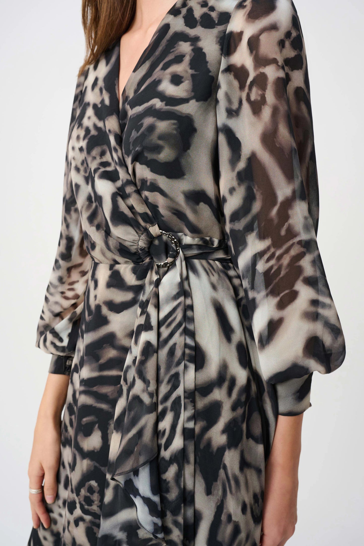 Joseph Ribkoff Printed Wrap Dress- Grey/Multi