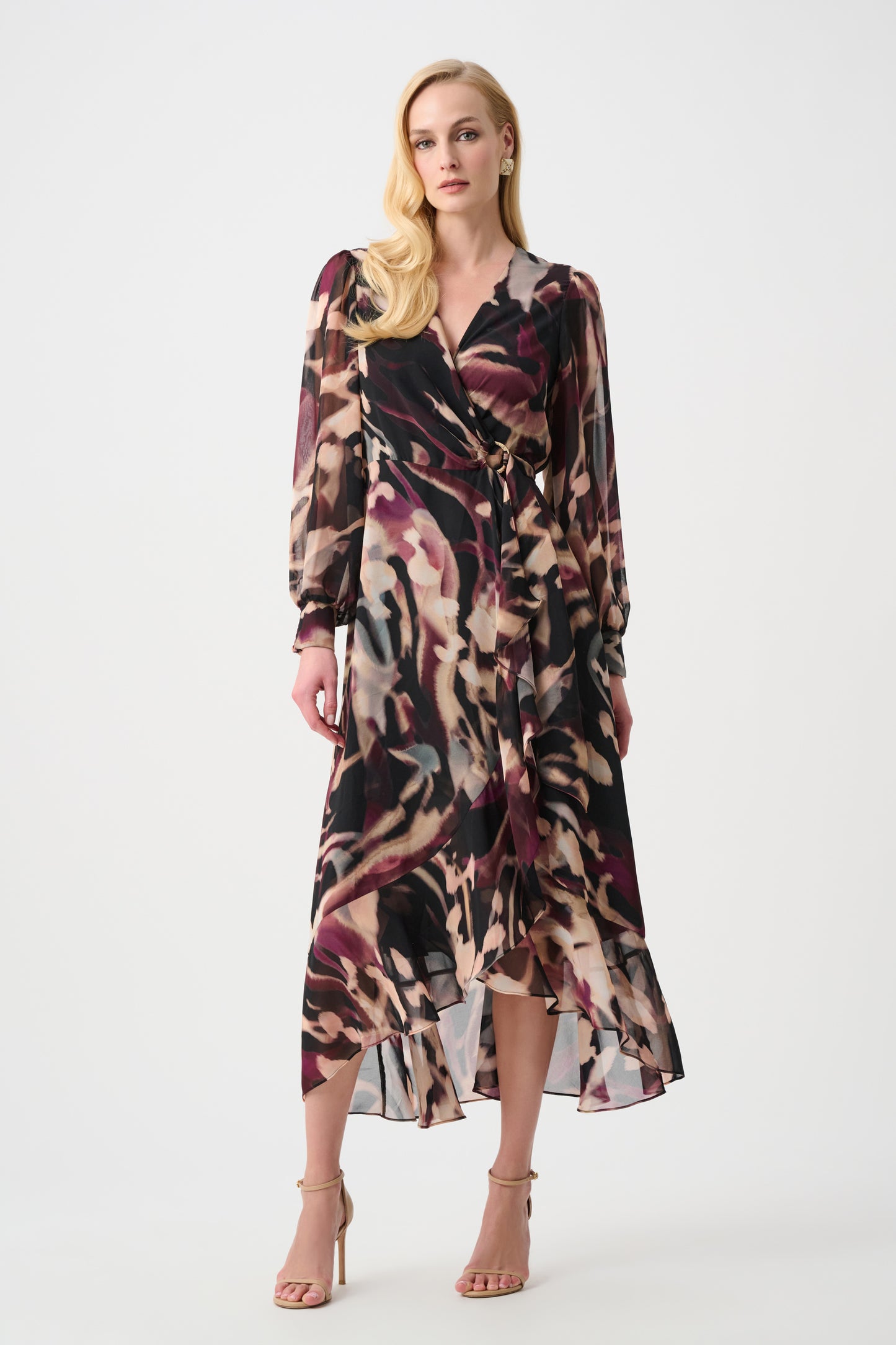 Joseph Ribkoff Chiffon Print Wrap Dress Black/Multi