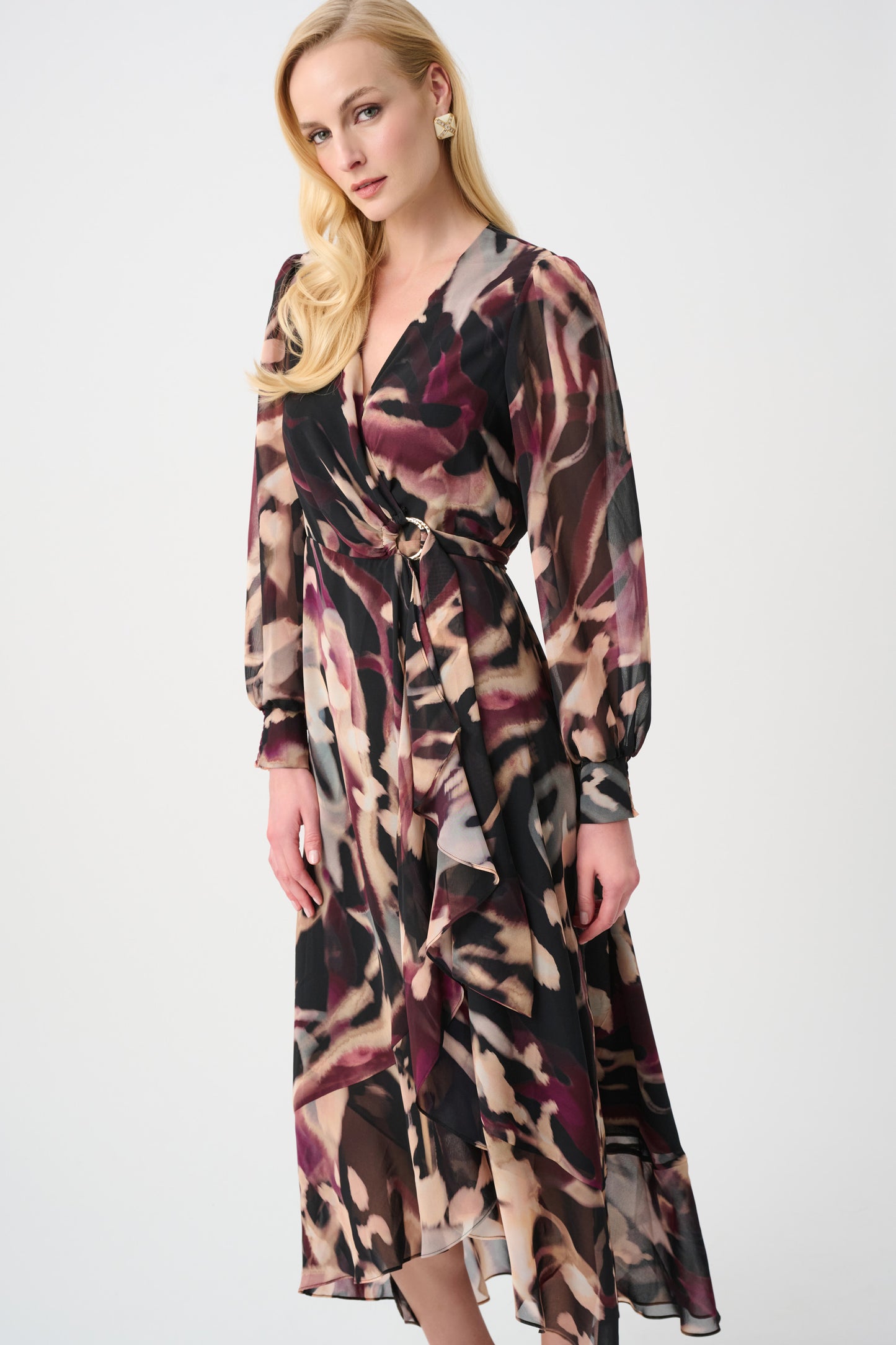 Joseph Ribkoff Chiffon Print Wrap Dress Black/Multi