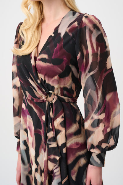 Joseph Ribkoff Chiffon Print Wrap Dress Black/Multi