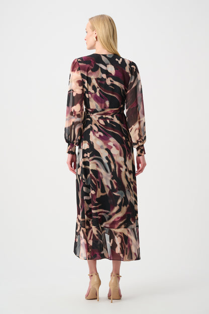 Joseph Ribkoff Chiffon Print Wrap Dress Black/Multi