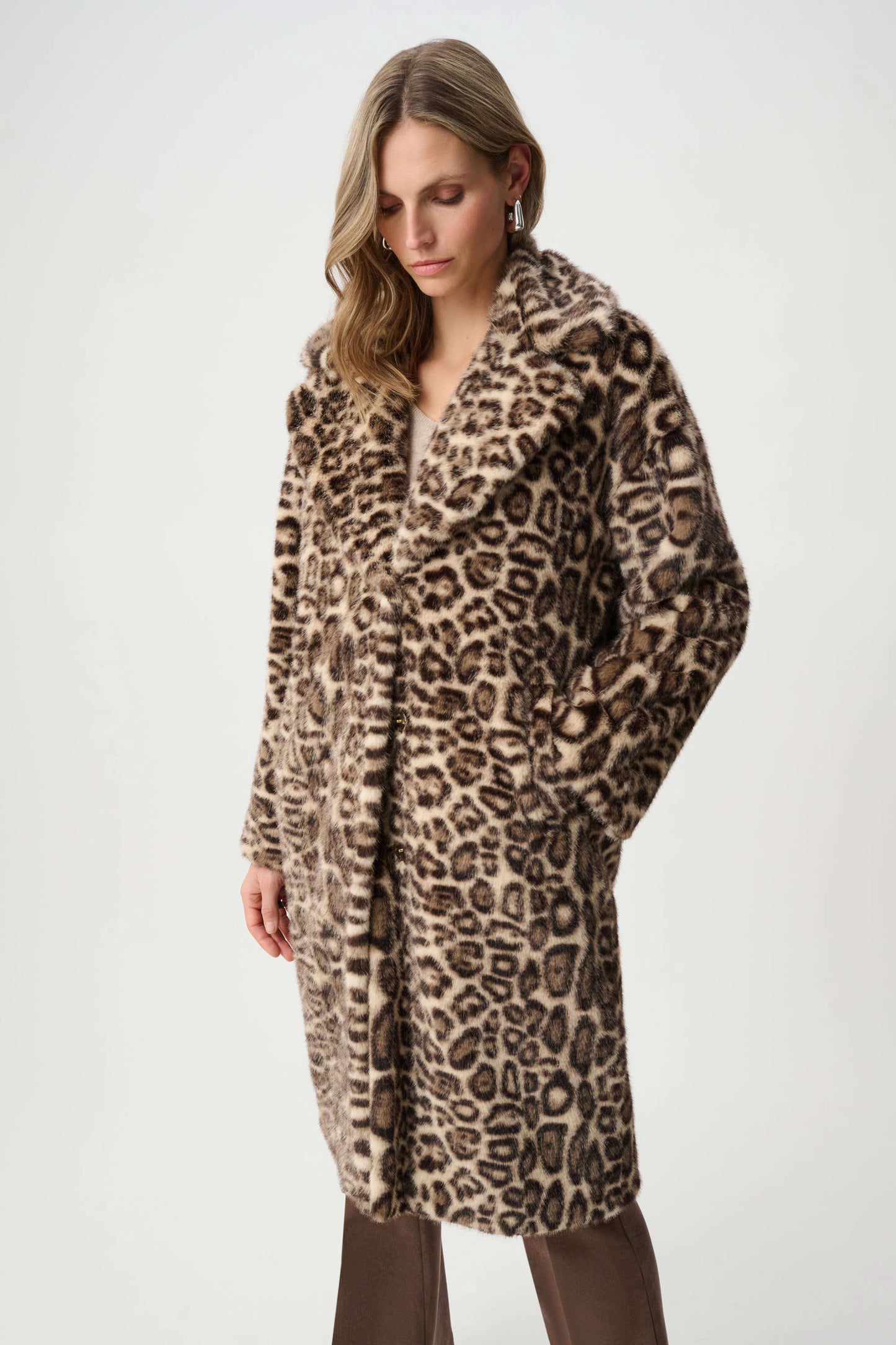 Joseph Ribkoff Faux Fur Leopard Print Coat-Beige/Multi