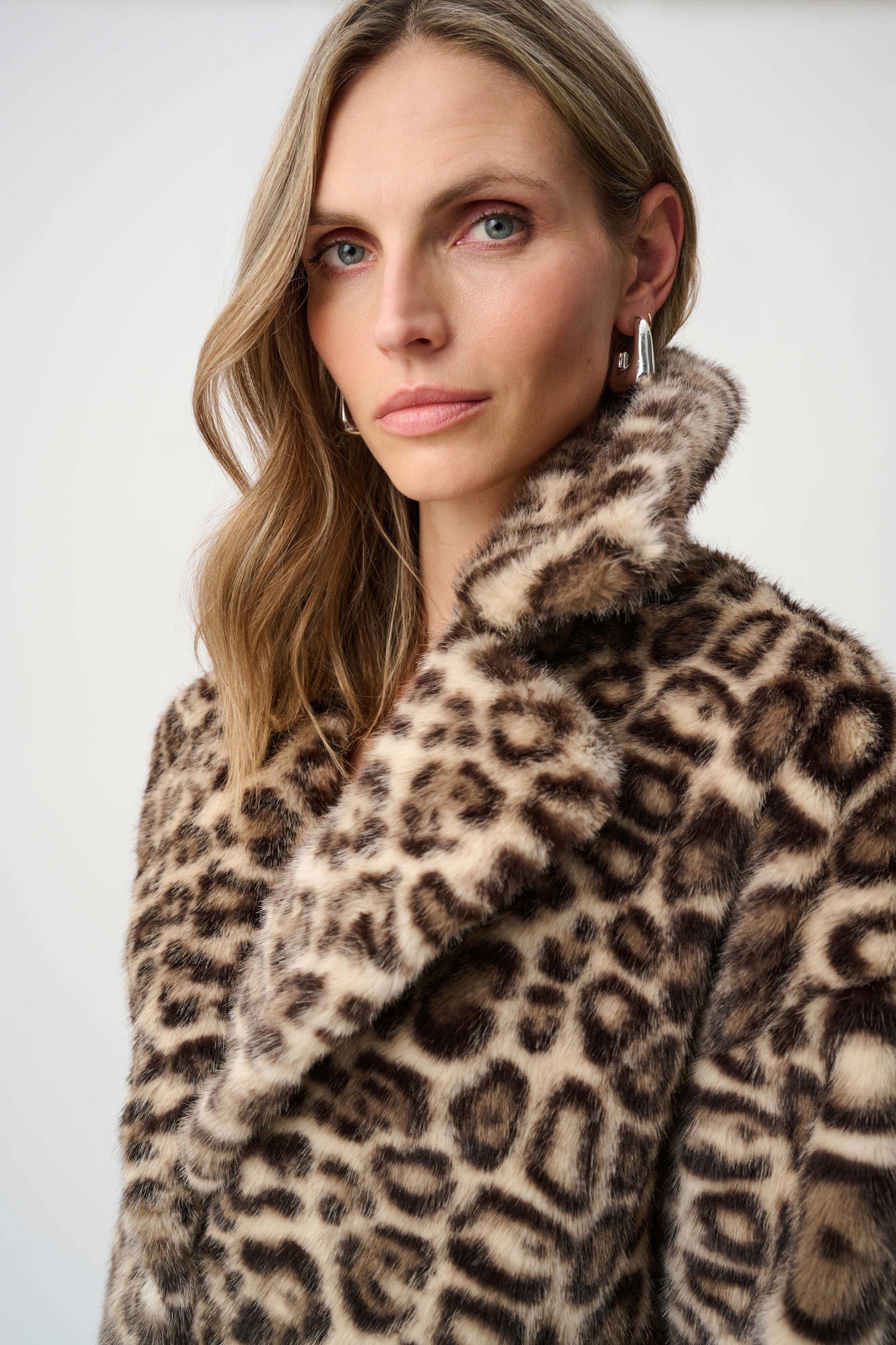 Joseph Ribkoff Faux Fur Leopard Print Coat-Beige/Multi