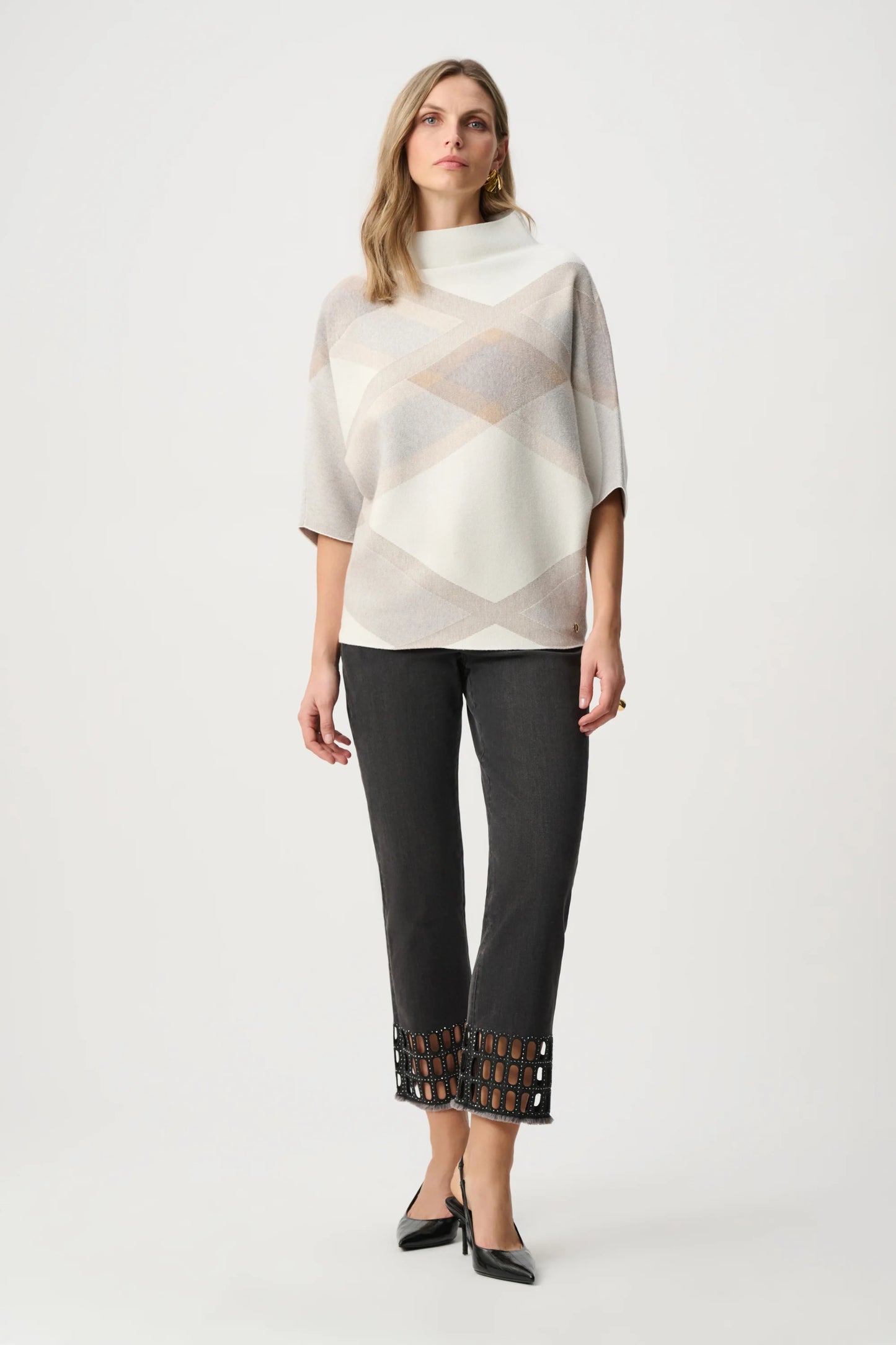 Joseph Ribkoff Plaid Funnel-Neck Sweater-Winter White/Multi