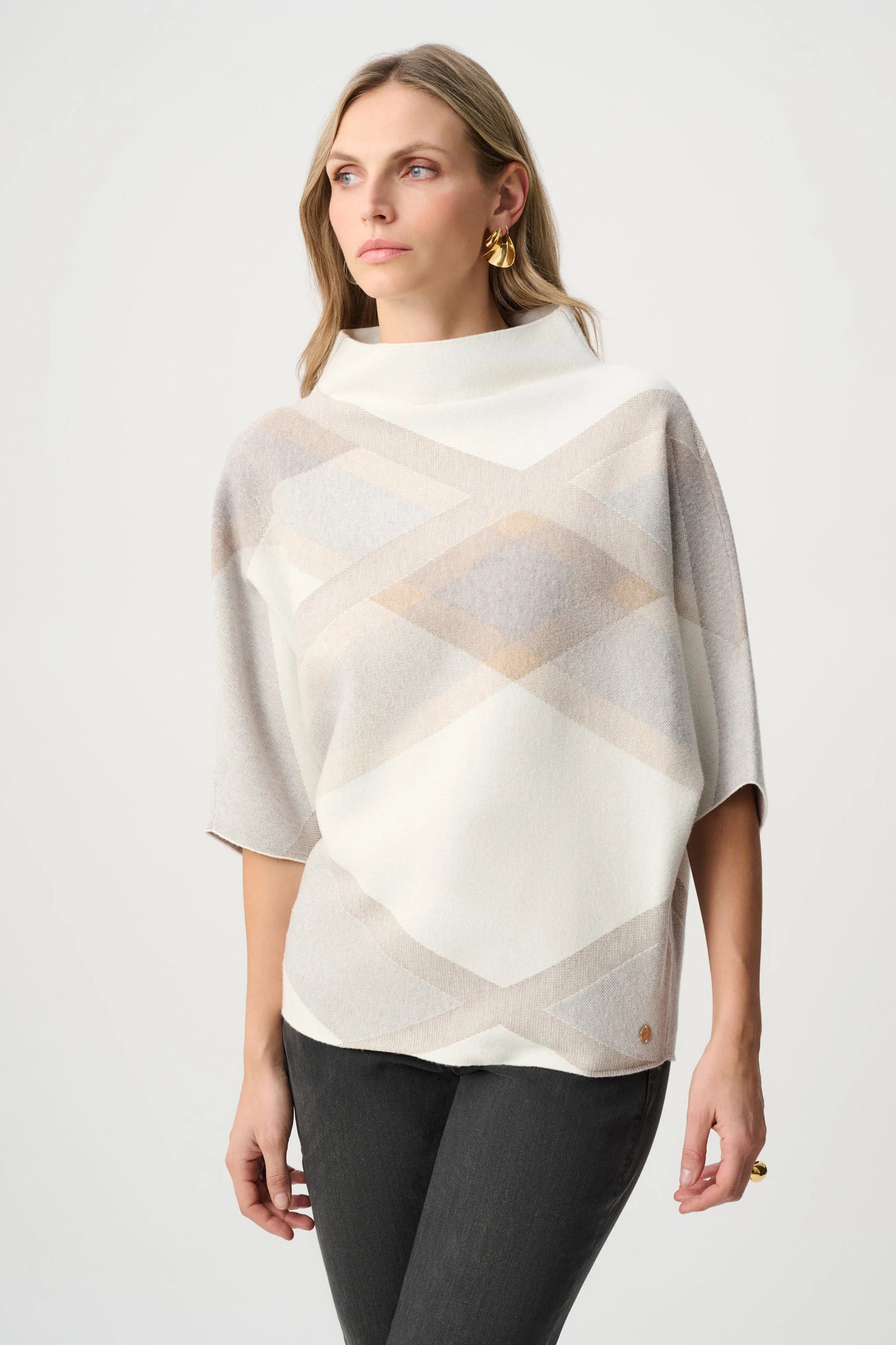 Joseph Ribkoff Plaid Funnel-Neck Sweater-Winter White/Multi