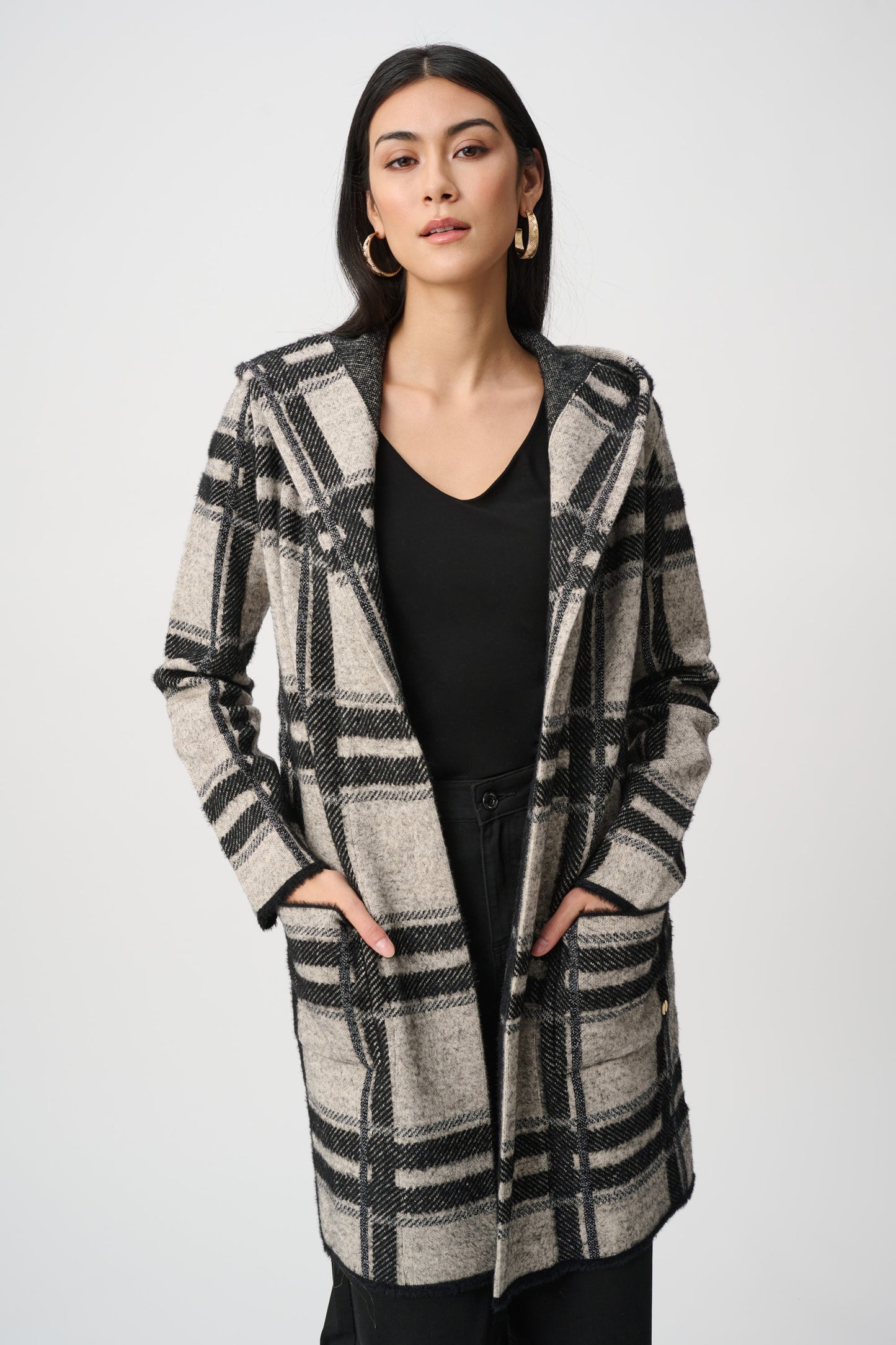 Joseph Ribkoff  Plaid Hooded Jacket Champagne/Black