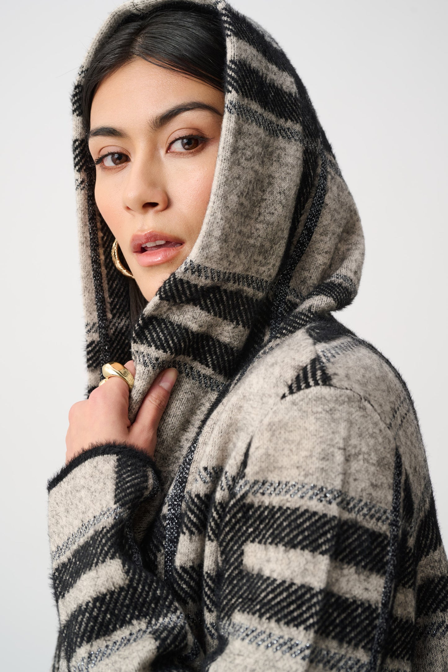 Joseph Ribkoff  Plaid Hooded Jacket Champagne/Black