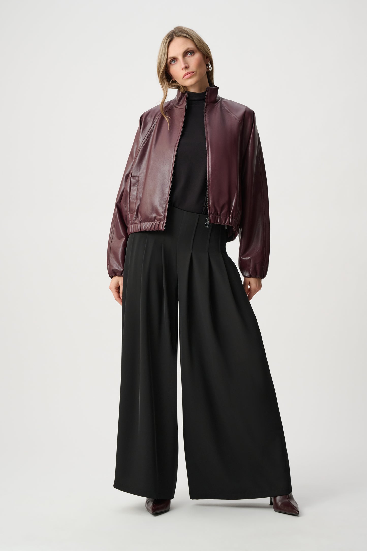 Joseph Ribkoff Leatherette Bomber Jacket Burgundy