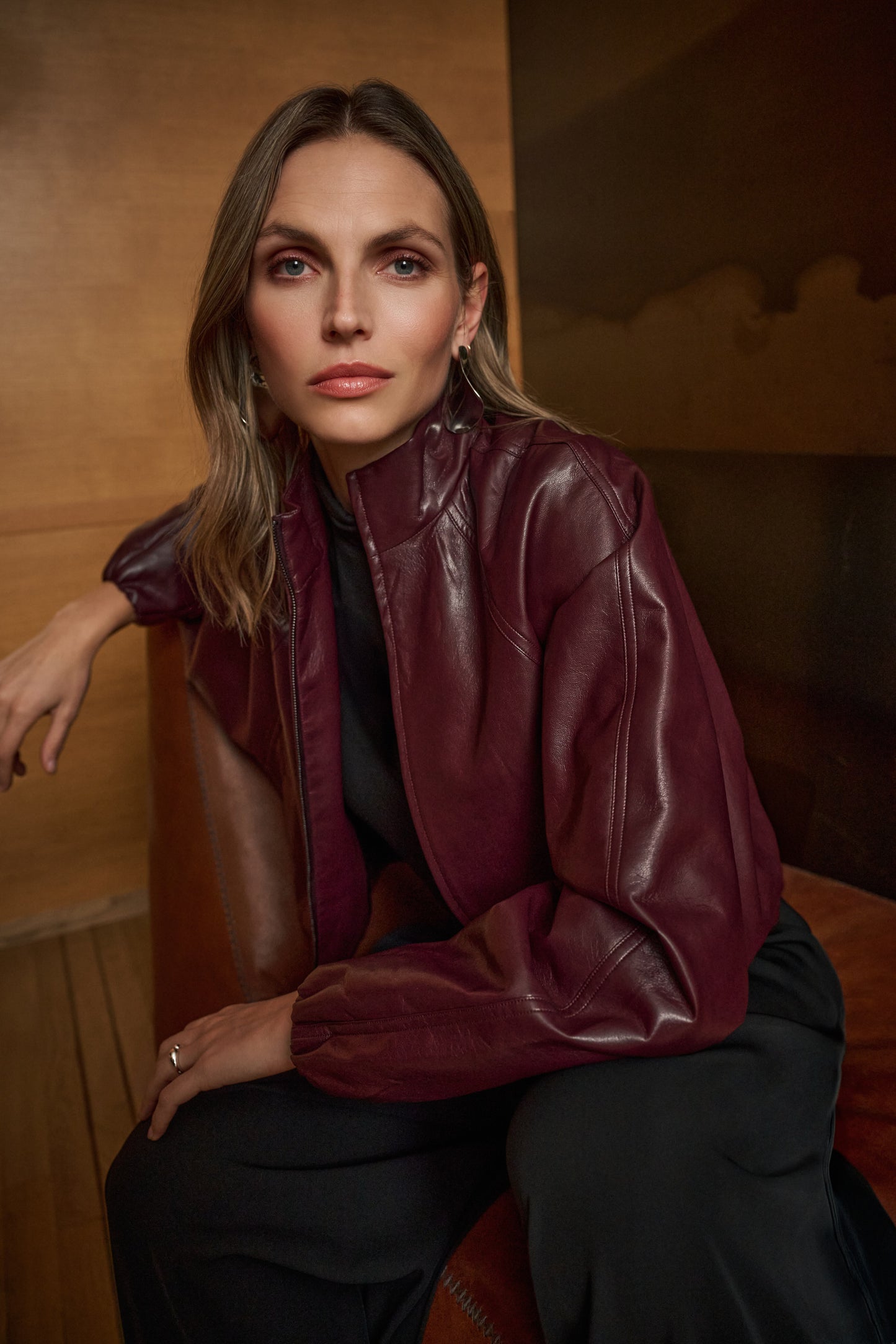 Joseph Ribkoff Leatherette Bomber Jacket Burgundy