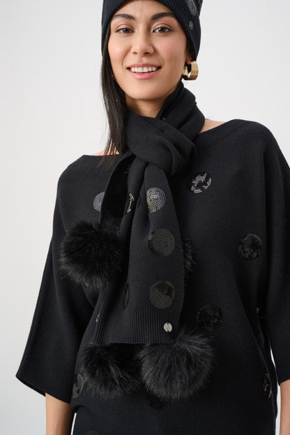 Joseph Ribkoff Pompoms & Sequins Scarf Black
