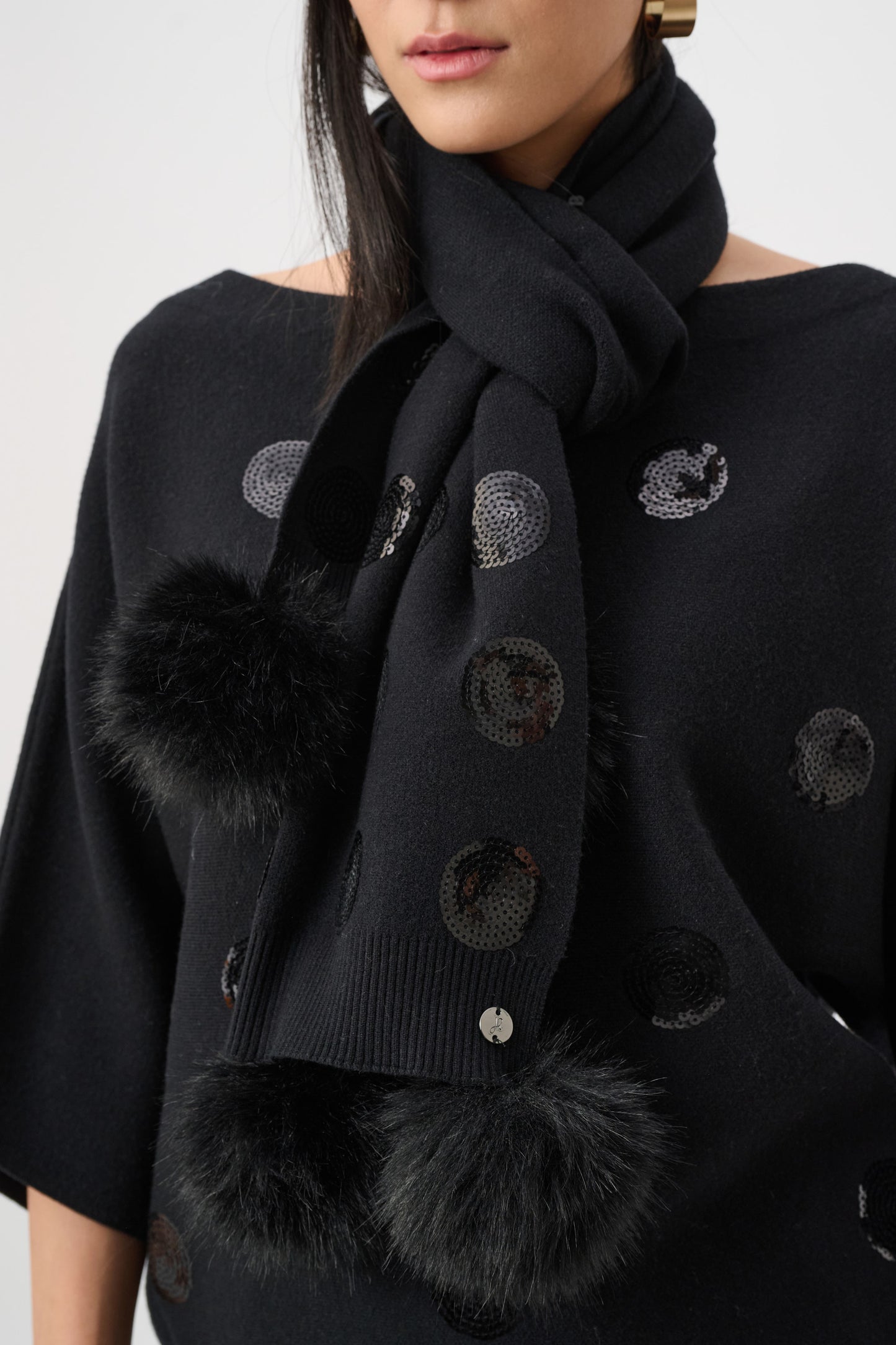 Joseph Ribkoff Pompoms & Sequins Scarf Black