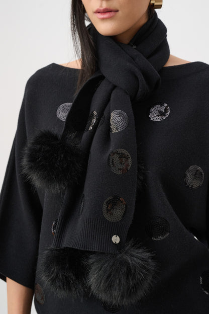 Joseph Ribkoff Pompoms & Sequins Scarf Black