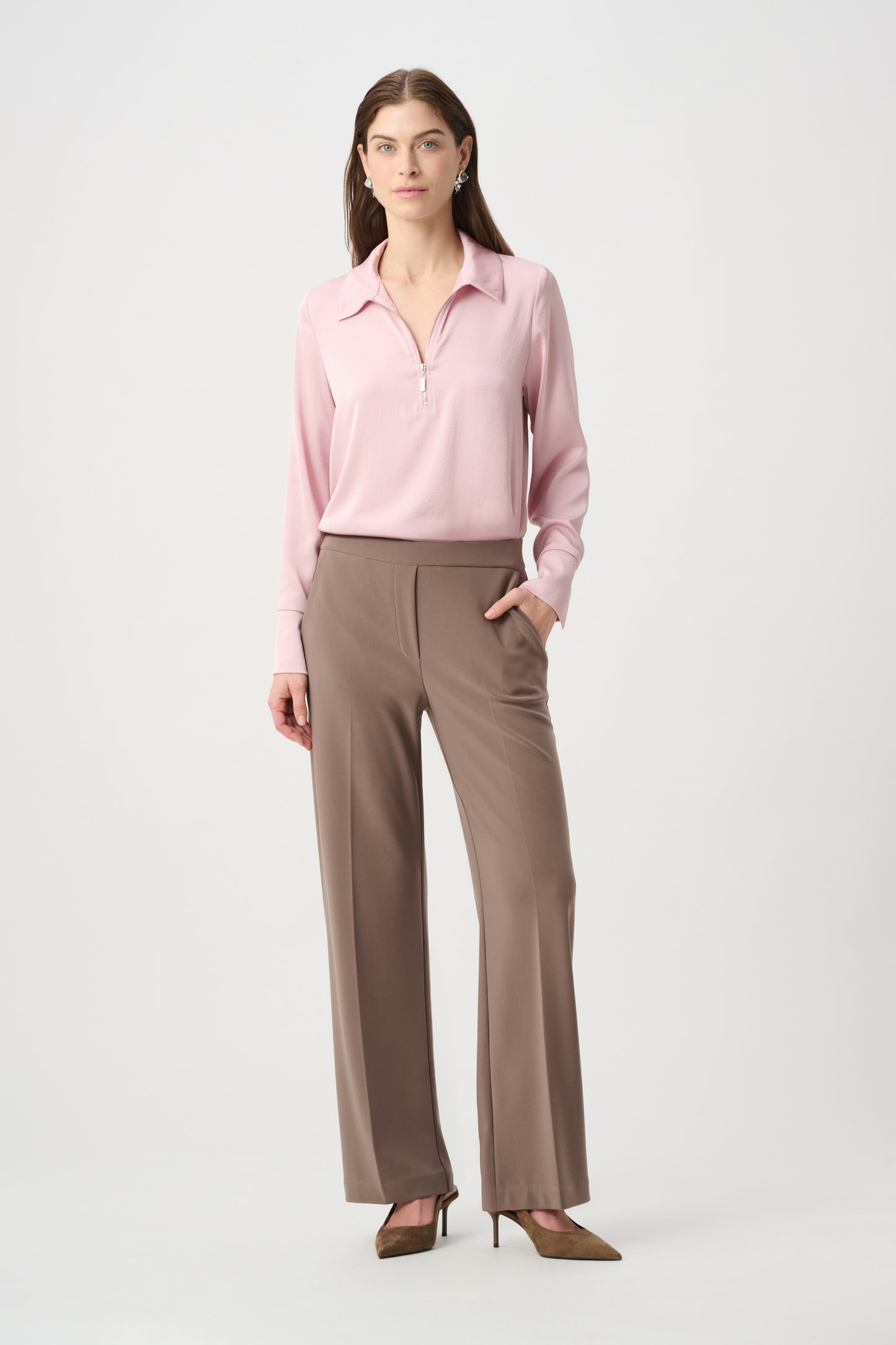 Joseph Ribkoff Mock Zip Pull-On Wide-Leg Trousers Mink