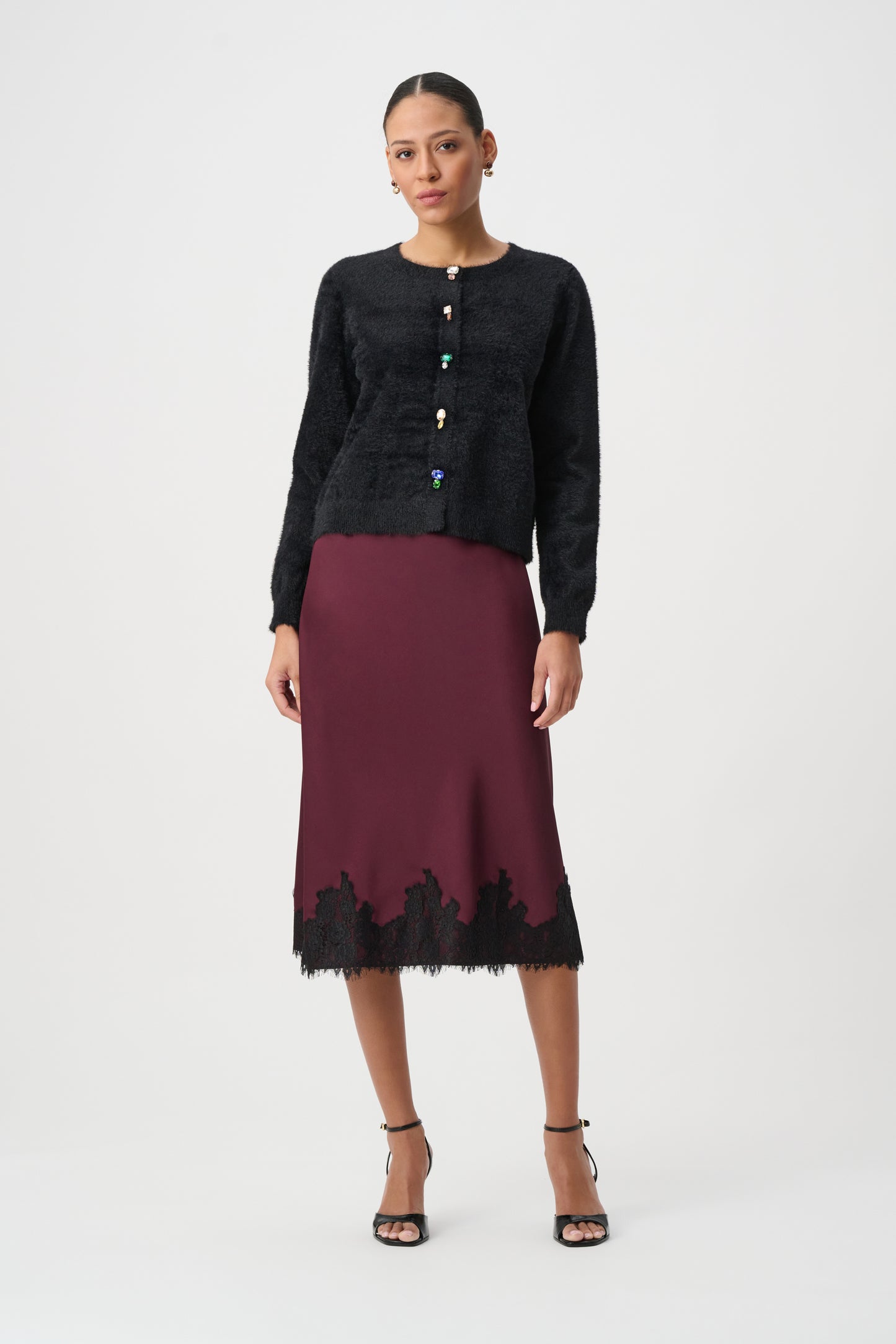 Joseph Ribkoff Lace Trim Midi Skirt Elderberry/Black
