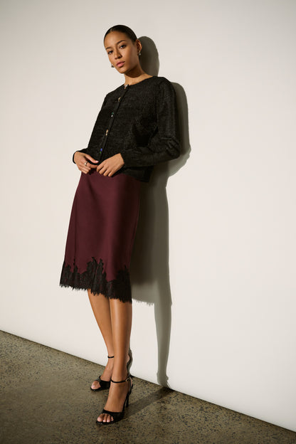 Joseph Ribkoff Lace Trim Midi Skirt Elderberry/Black